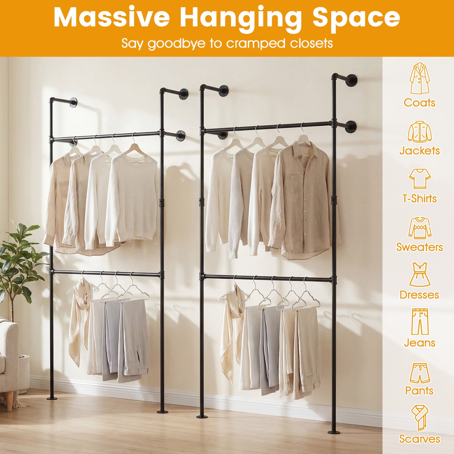 Wall Mounted Pipe Clothing Rack, 2 Hanging Rods, Black Clothing & Closet Storage at Gallery Canada