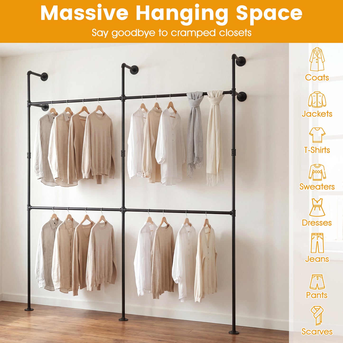 Wall Mounted Pipe Clothing Rack, 4 Hanging Rods, Black Clothing & Closet Storage at Gallery Canada