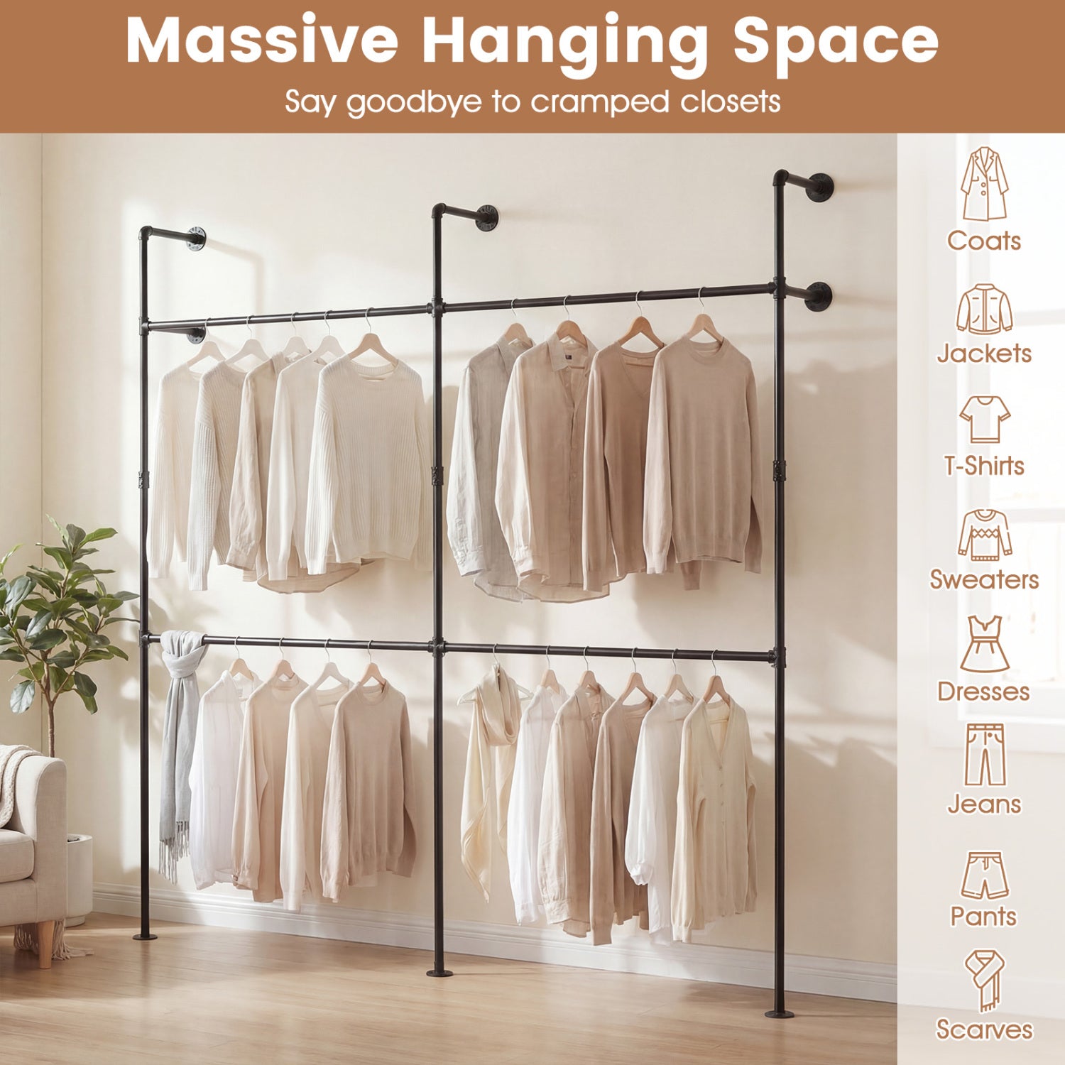Wall Mounted Pipe Clothing Rack, 4 Hanging Rods, Black Clothing & Closet Storage at Gallery Canada