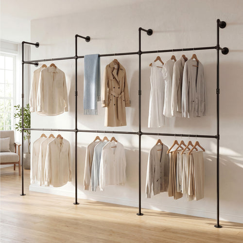 Wall Mounted Pipe Clothing Rack, 6 Hanging Rods, Black