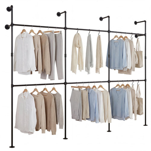 Wall Mounted Pipe Clothing Rack, 6 Hanging Rods, Black