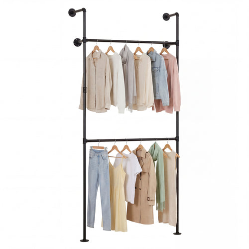 Wall Mounted Pipe Clothing Rack, 2 Hanging Rods, Black