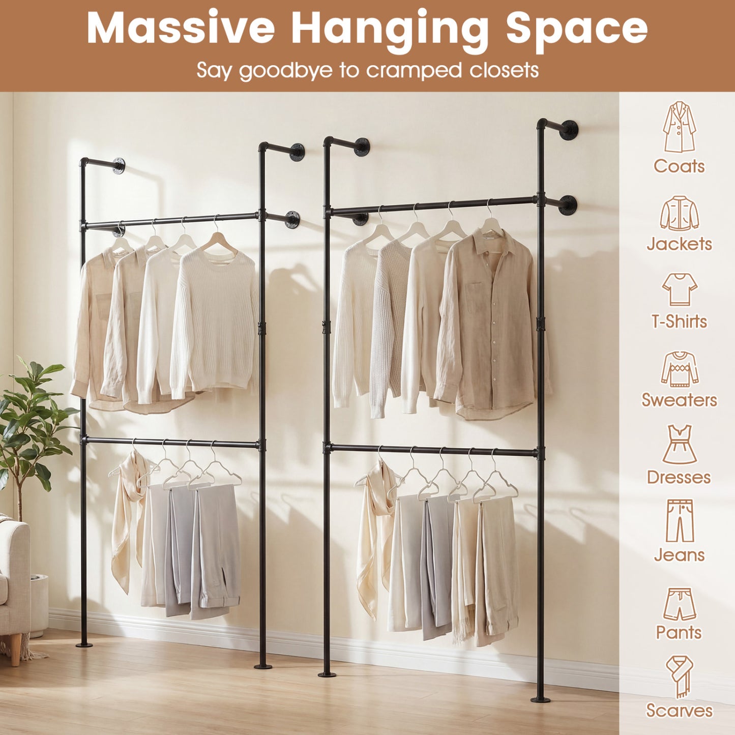 Wall Mounted Pipe Clothing Rack, 2 Hanging Rods, Black Clothing & Closet Storage at Gallery Canada