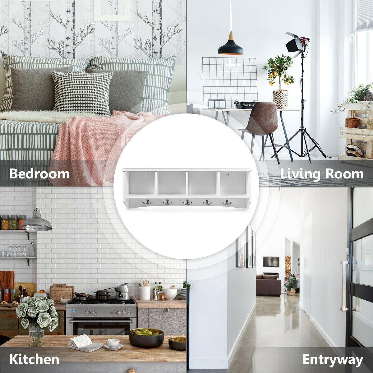 Wall Mounted Storage Cabinet, Hanging Entryway Shelf Coat Rack, White Coat Racks & Hall Trees at Gallery Canada