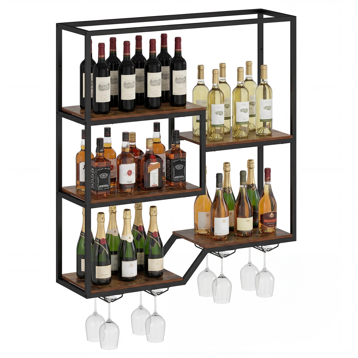 Wall Mounted Wine Rack 6-Tier Hanging Bar Shelf with Bottle Display Shelf and Glass Holder, Rustic Brown Wine Racks at Gallery Canada