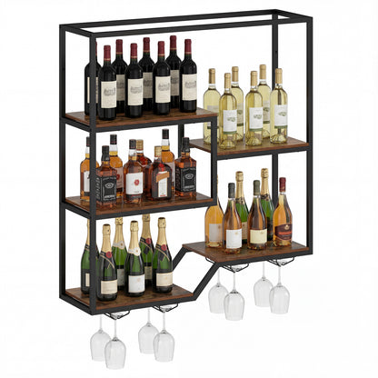 Wall Mounted Wine Rack 6-Tier Hanging Bar Shelf with Bottle Display Shelf and Glass Holder, Rustic Brown Wine Racks at Gallery Canada