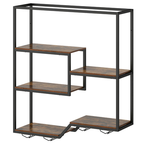 Wall Mounted Wine Rack 6-Tier Hanging Bar Shelf with Bottle Display Shelf and Glass Holder, Rustic Brown