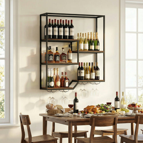 Wall Mounted Wine Rack 6-Tier Hanging Bar Shelf with Bottle Display Shelf and Glass Holder, Rustic Brown