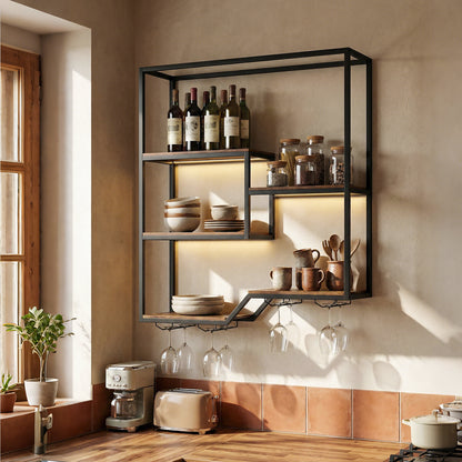 Wall Mounted Wine Rack 6-Tier Hanging Bar Shelf with Bottle Display Shelf and Glass Holder, Rustic Brown Wine Racks at Gallery Canada