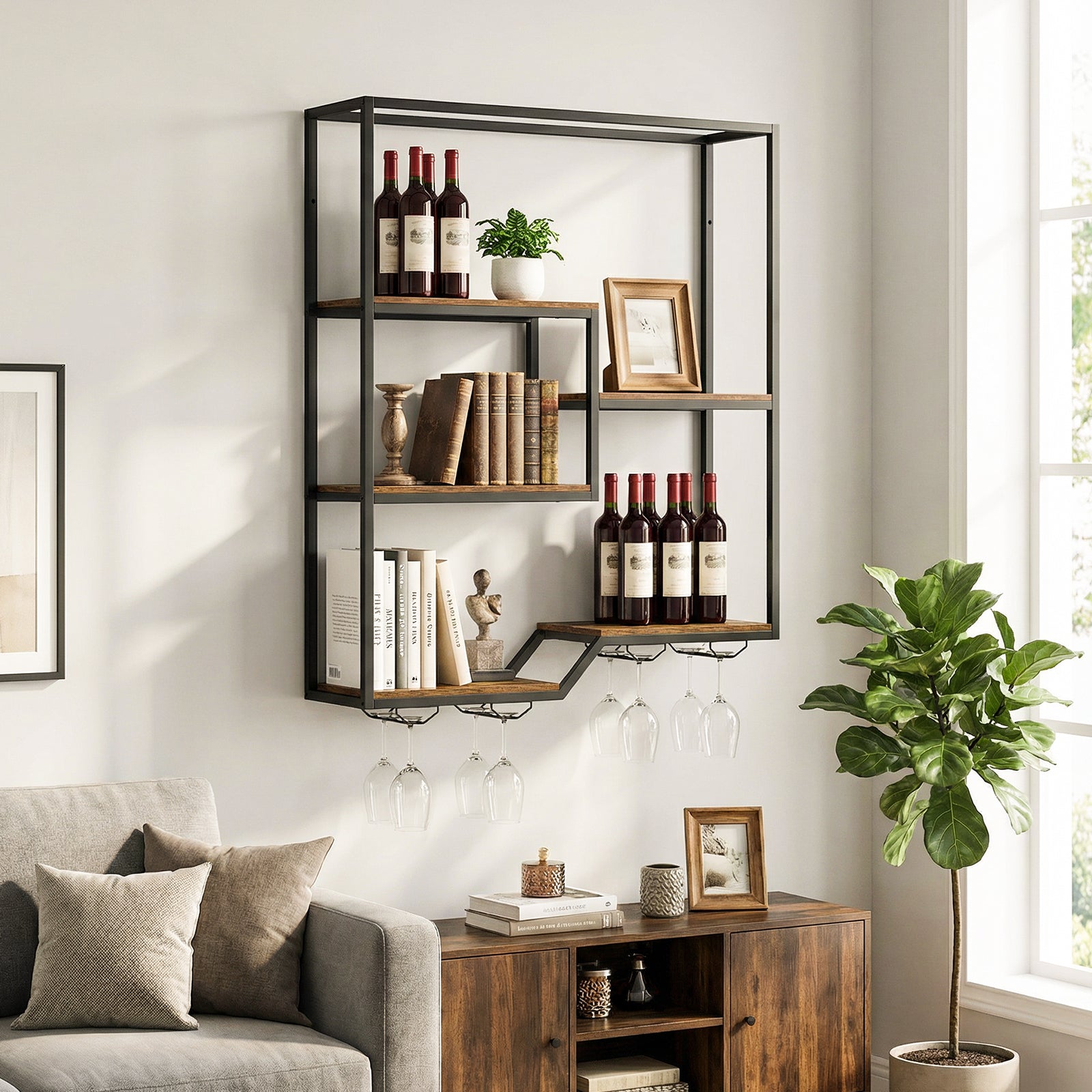 Wall Mounted Wine Rack 6-Tier Hanging Bar Shelf with Bottle Display Shelf and Glass Holder, Rustic Brown Wine Racks at Gallery Canada