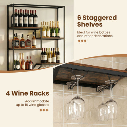 Wall Mounted Wine Rack 6-Tier Hanging Bar Shelf with Bottle Display Shelf and Glass Holder, Rustic Brown Wine Racks at Gallery Canada