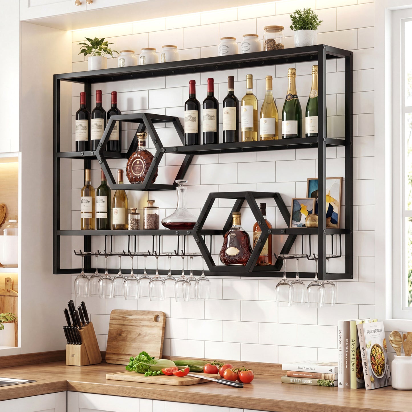 Wall Mounted Wine Rack 47" Large Floating Bar Shelves, Black Wine Racks at Gallery Canada