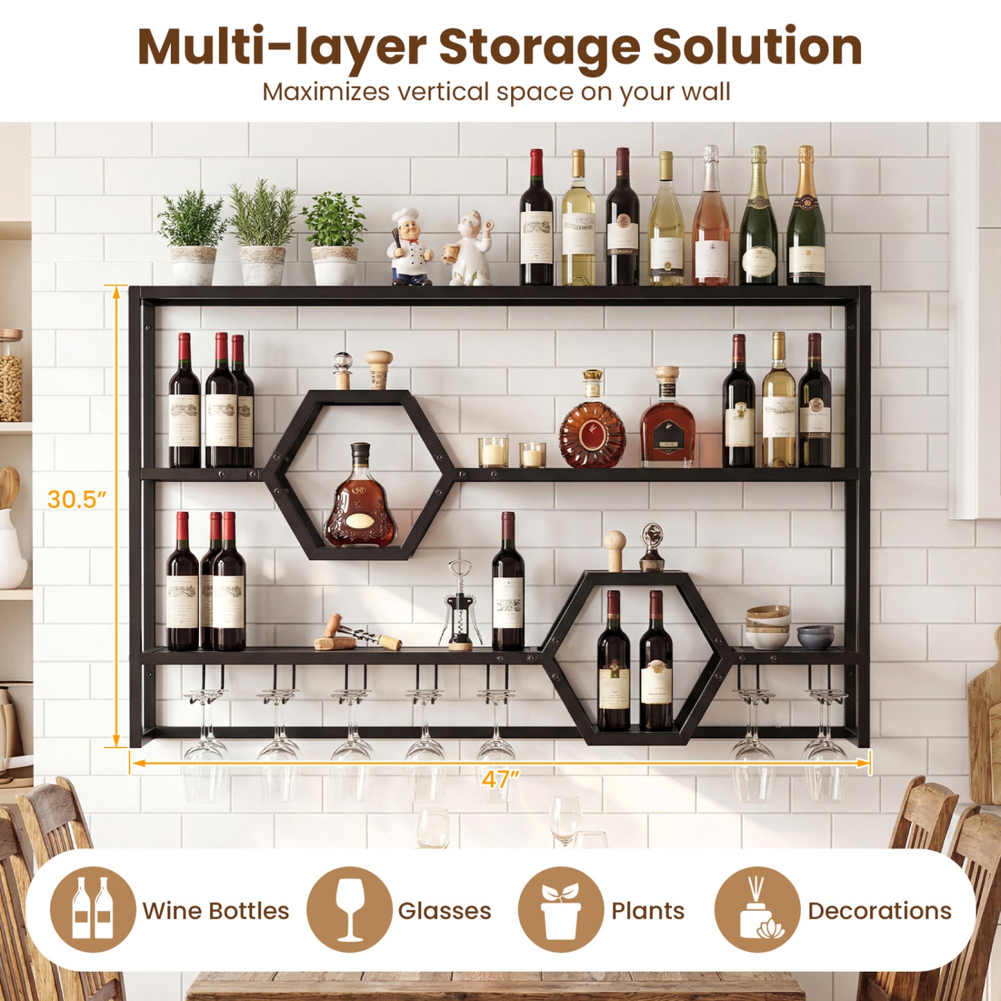 Wall Mounted Wine Rack 47" Large Floating Bar Shelves, Black Wine Racks at Gallery Canada