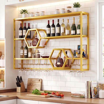Wall Mounted Wine Rack 47" Large Floating Bar Shelves, Gold Wine Racks at Gallery Canada