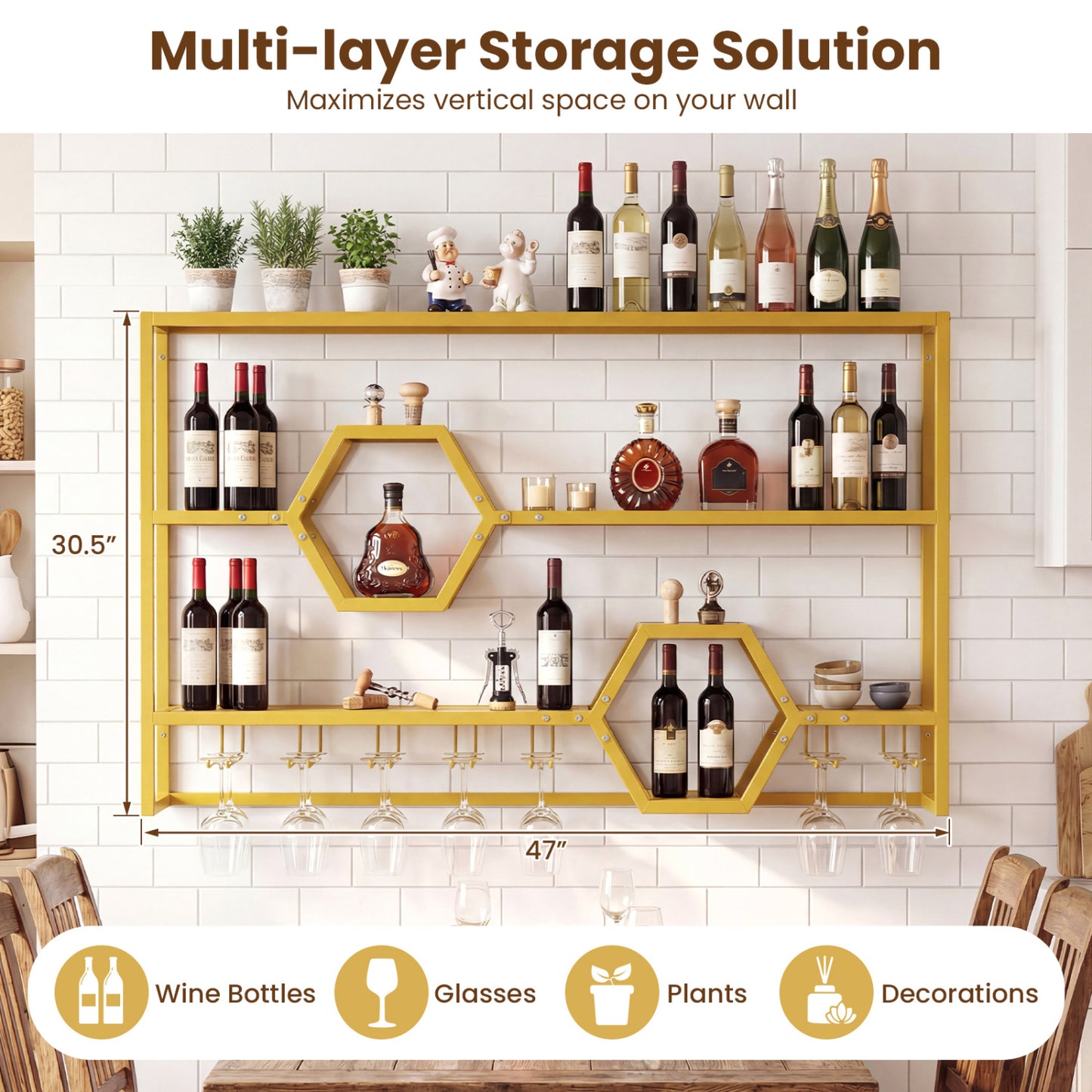 Wall Mounted Wine Rack 47" Large Floating Bar Shelves, Gold Wine Racks at Gallery Canada