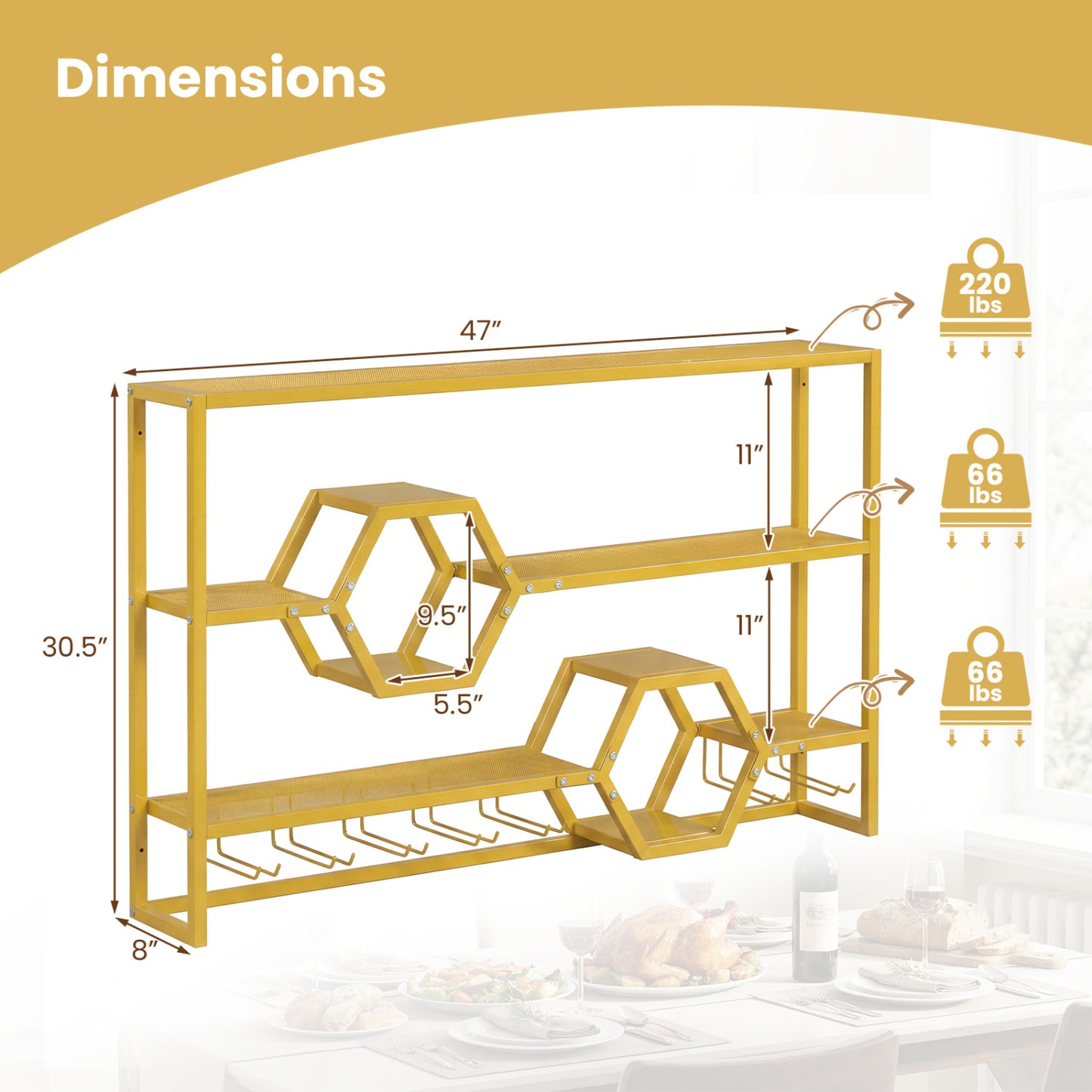 Wall Mounted Wine Rack 47" Large Floating Bar Shelves, Gold Wine Racks at Gallery Canada