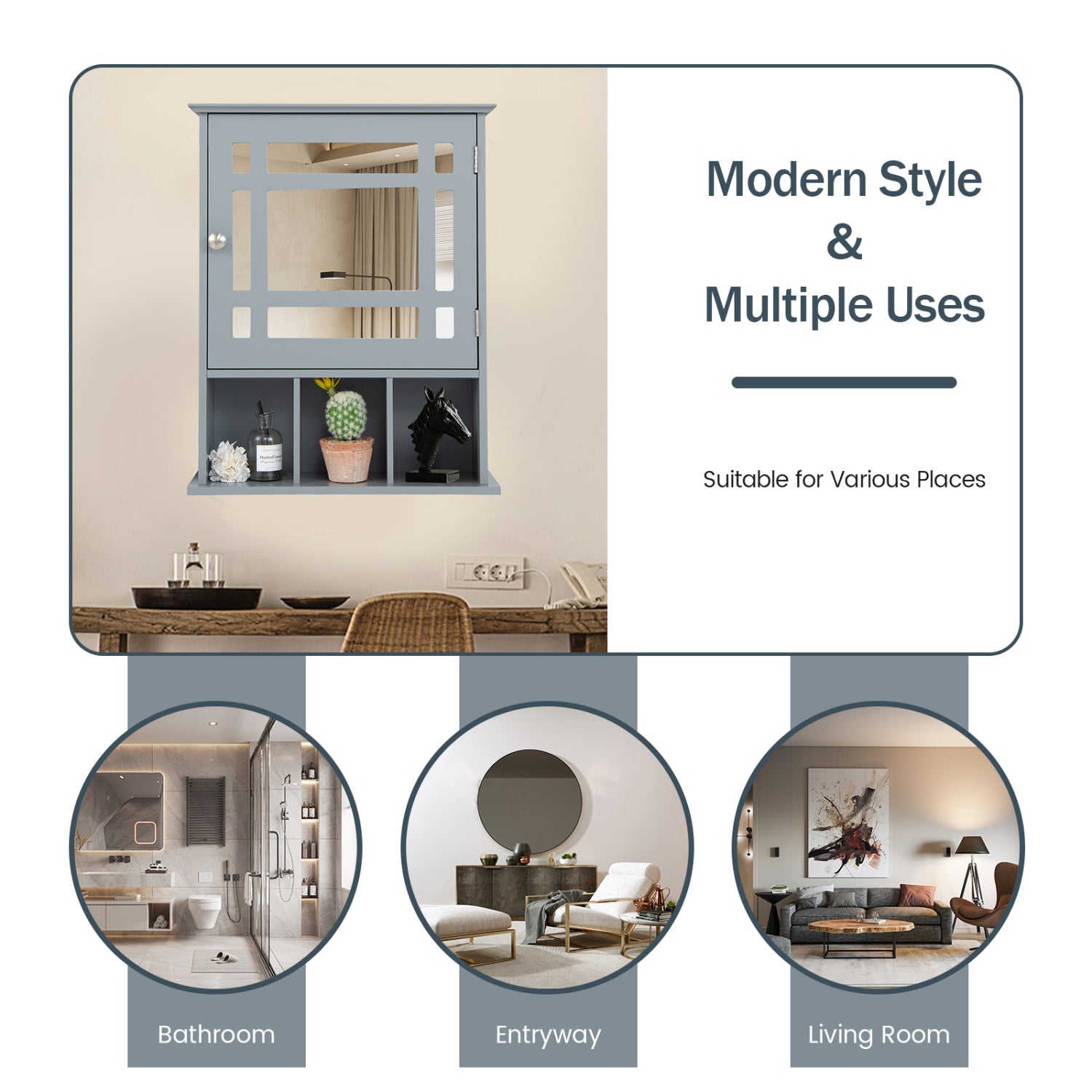 Wall Mounted Mirrored Bathroom Cabinet, Gray Wall Cabinets at Gallery Canada