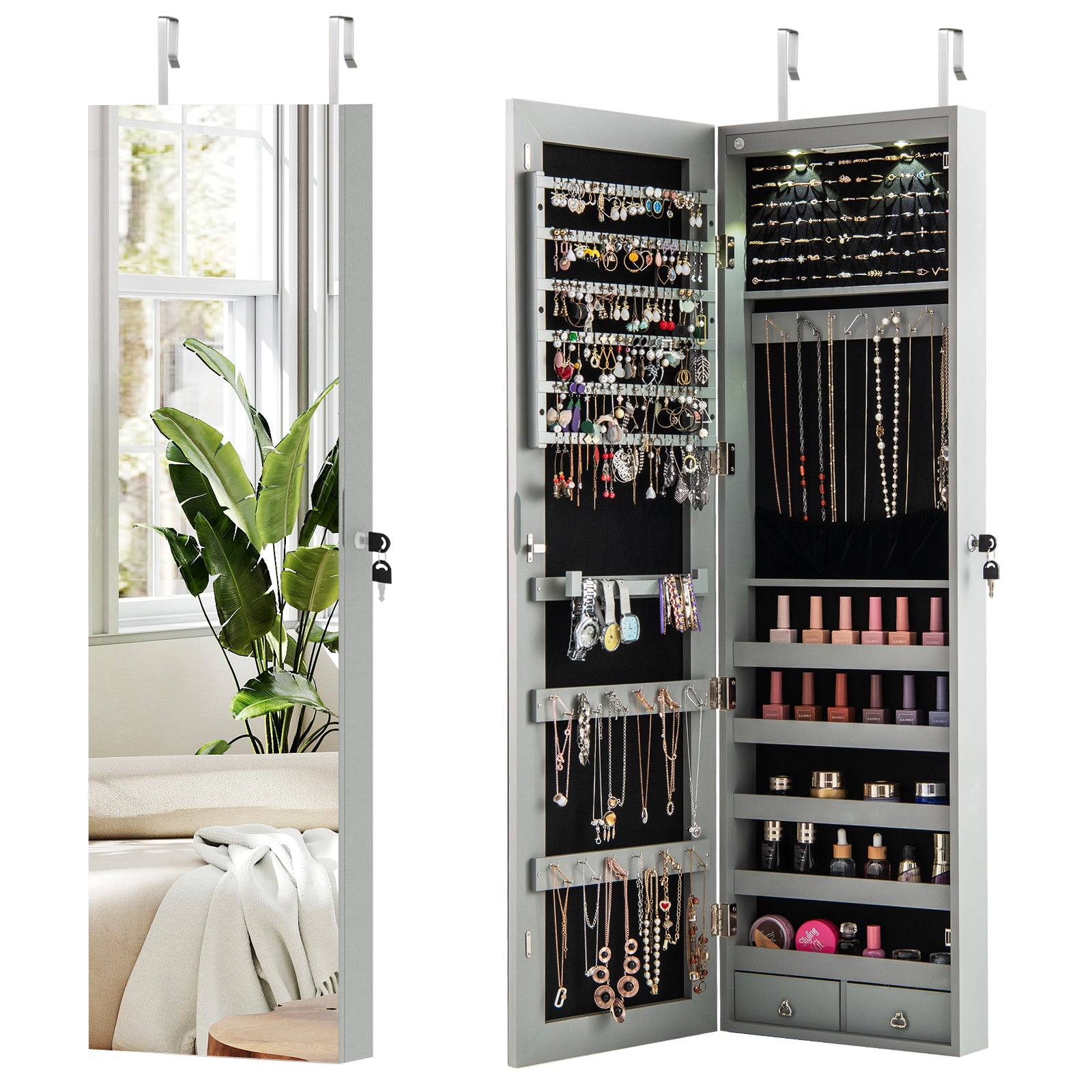 Wall Door Mounted Mirrored Jewelry Cabinet With Lights, Gray Jewelry Armoires at Gallery Canada
