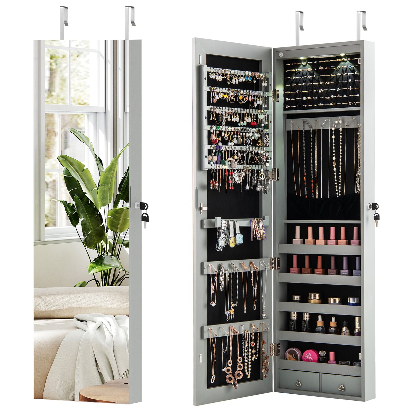 Wall Door Mounted Mirrored Jewelry Cabinet With Lights, Gray Jewelry Armoires at Gallery Canada