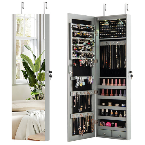Wall Door Mounted Mirrored Jewelry Cabinet With Lights, Gray