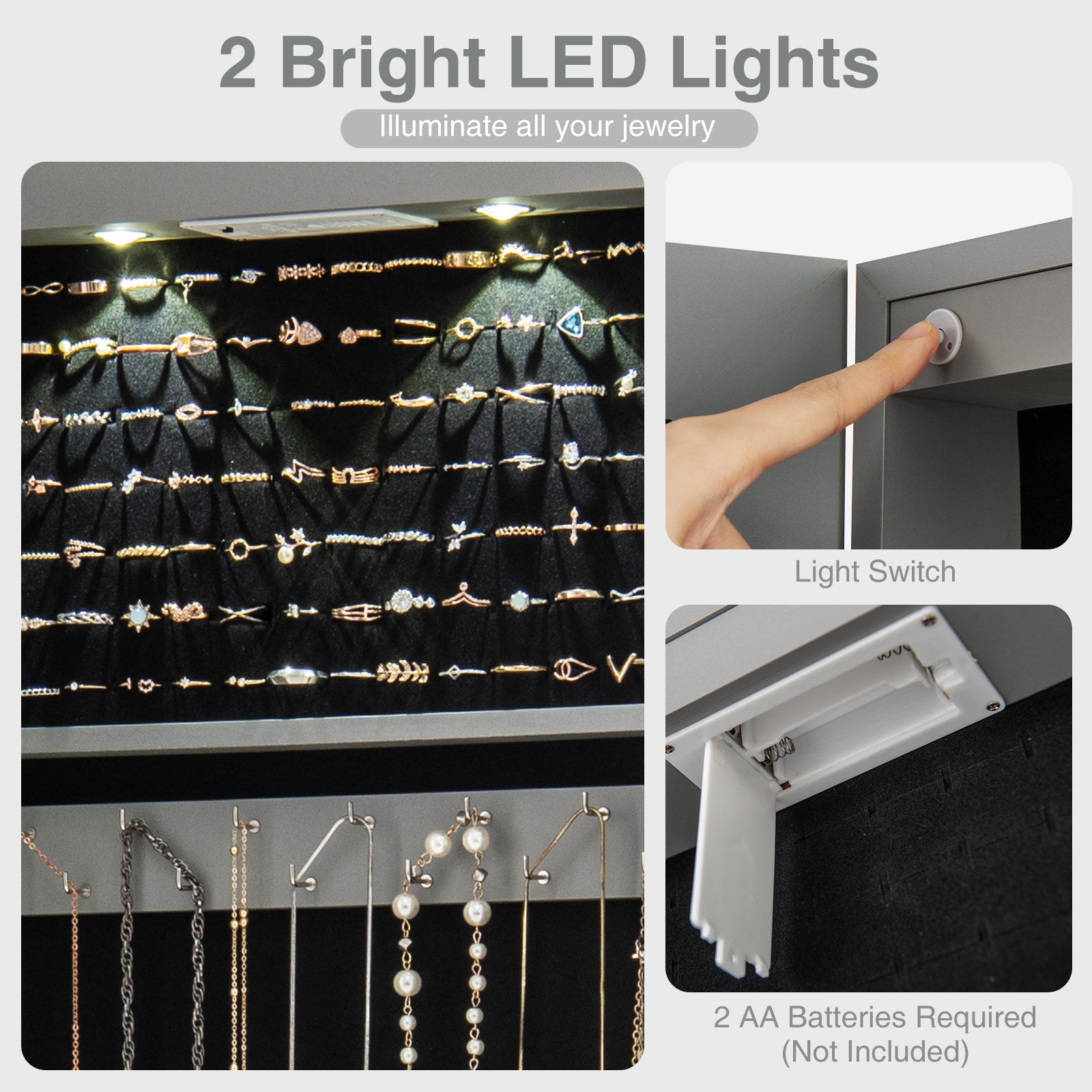 Wall and Door Mounted Mirrored Jewelry Cabinet with Lights, Gray Jewelry Armoires at Gallery Canada