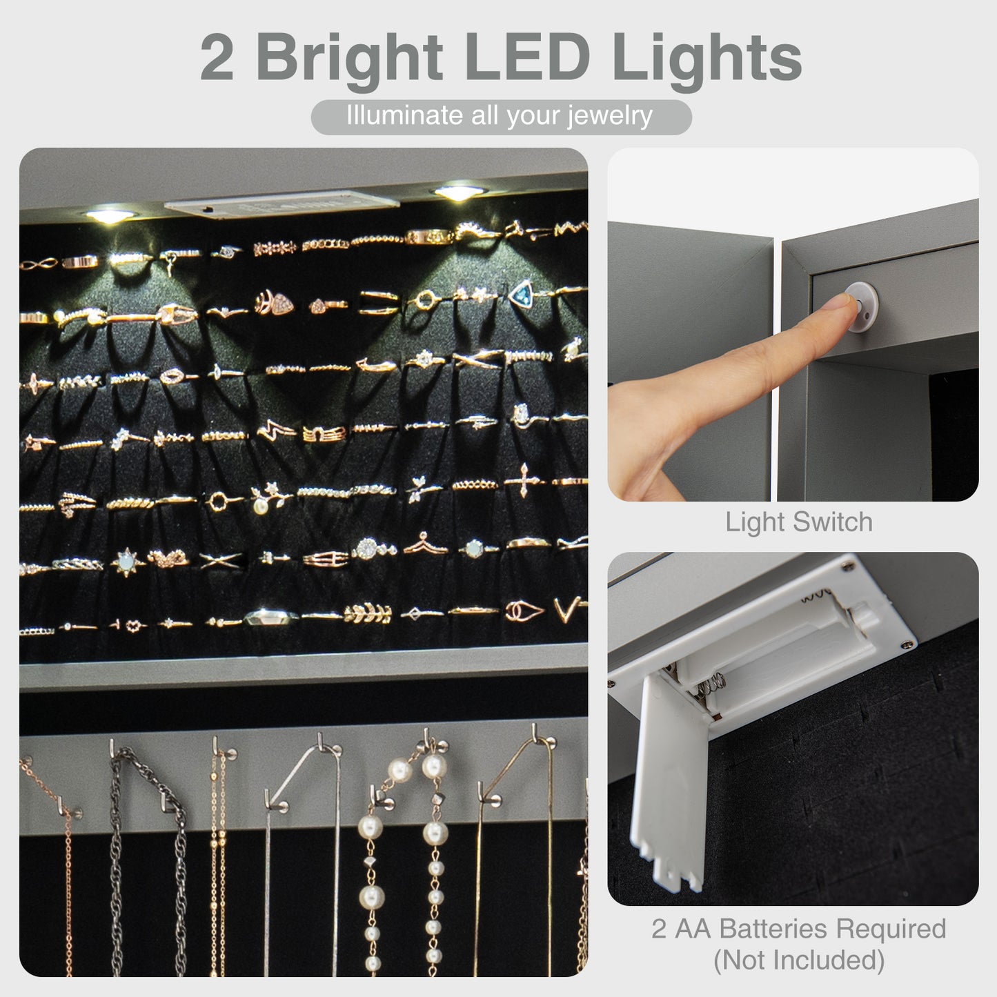 Wall and Door Mounted Mirrored Jewelry Cabinet with Lights, Gray Jewelry Armoires at Gallery Canada