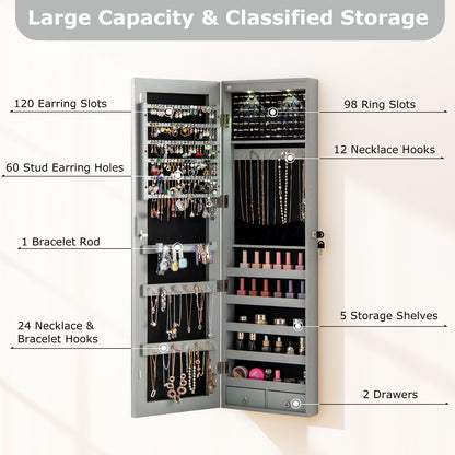 Wall and Door Mounted Mirrored Jewelry Cabinet with Lights, Gray Jewelry Armoires at Gallery Canada