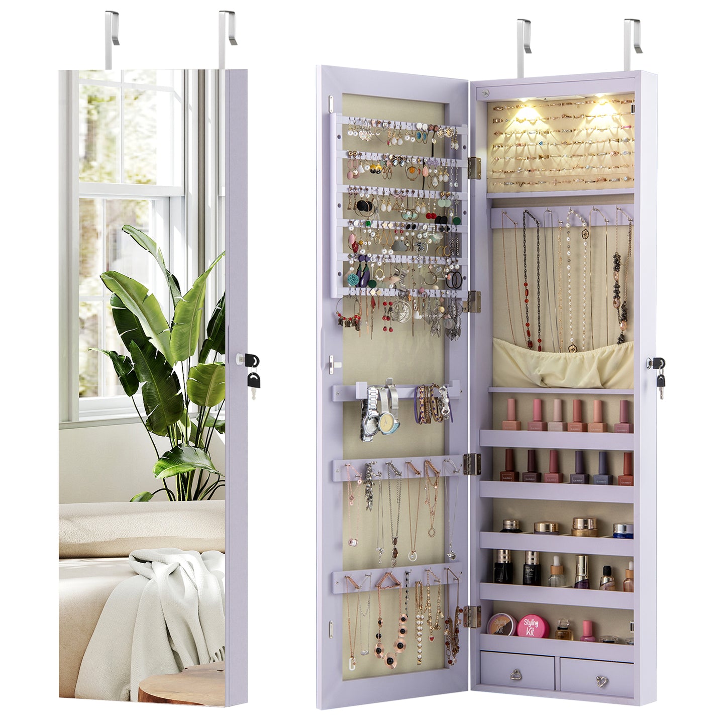 Wall Door Mounted Mirrored Jewelry Cabinet With Lights, Purple Jewelry Armoires Purple at Gallery Canada