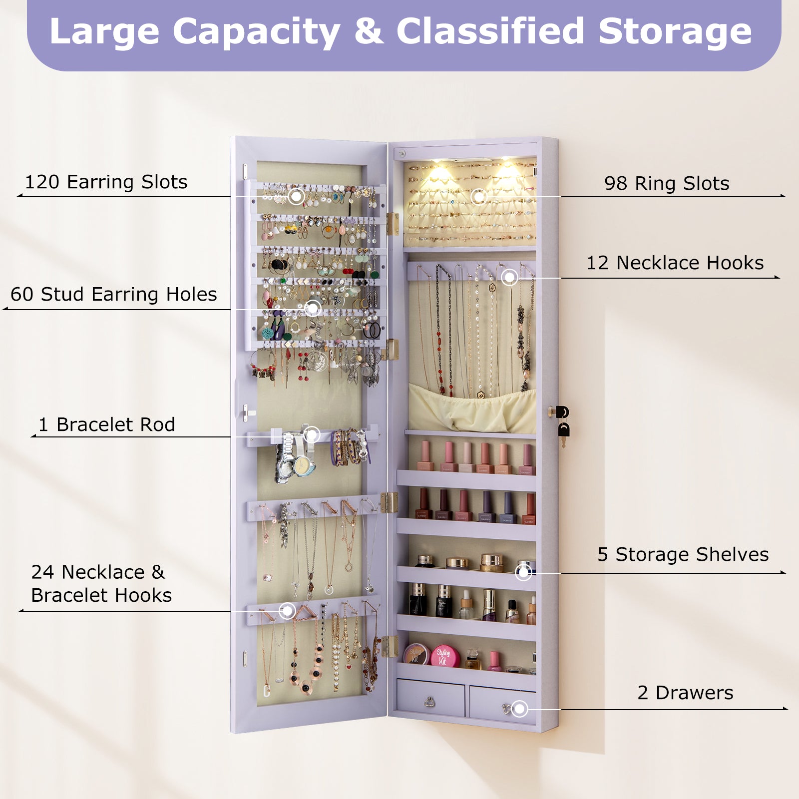 Wall Door Mounted Mirrored Jewelry Cabinet With Lights, Purple Jewelry Armoires at Gallery Canada