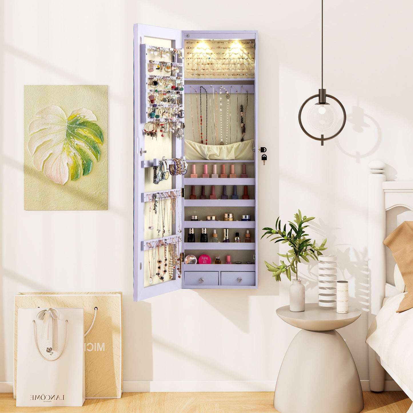 Wall Door Mounted Mirrored Jewelry Cabinet With Lights, Purple Jewelry Armoires at Gallery Canada