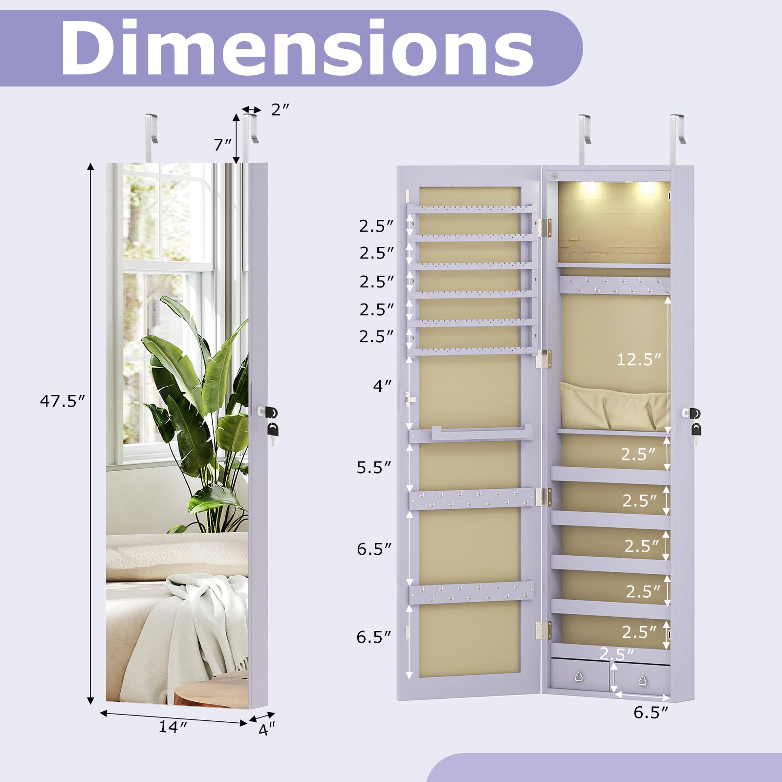 Wall Door Mounted Mirrored Jewelry Cabinet With Lights, Purple Jewelry Armoires at Gallery Canada