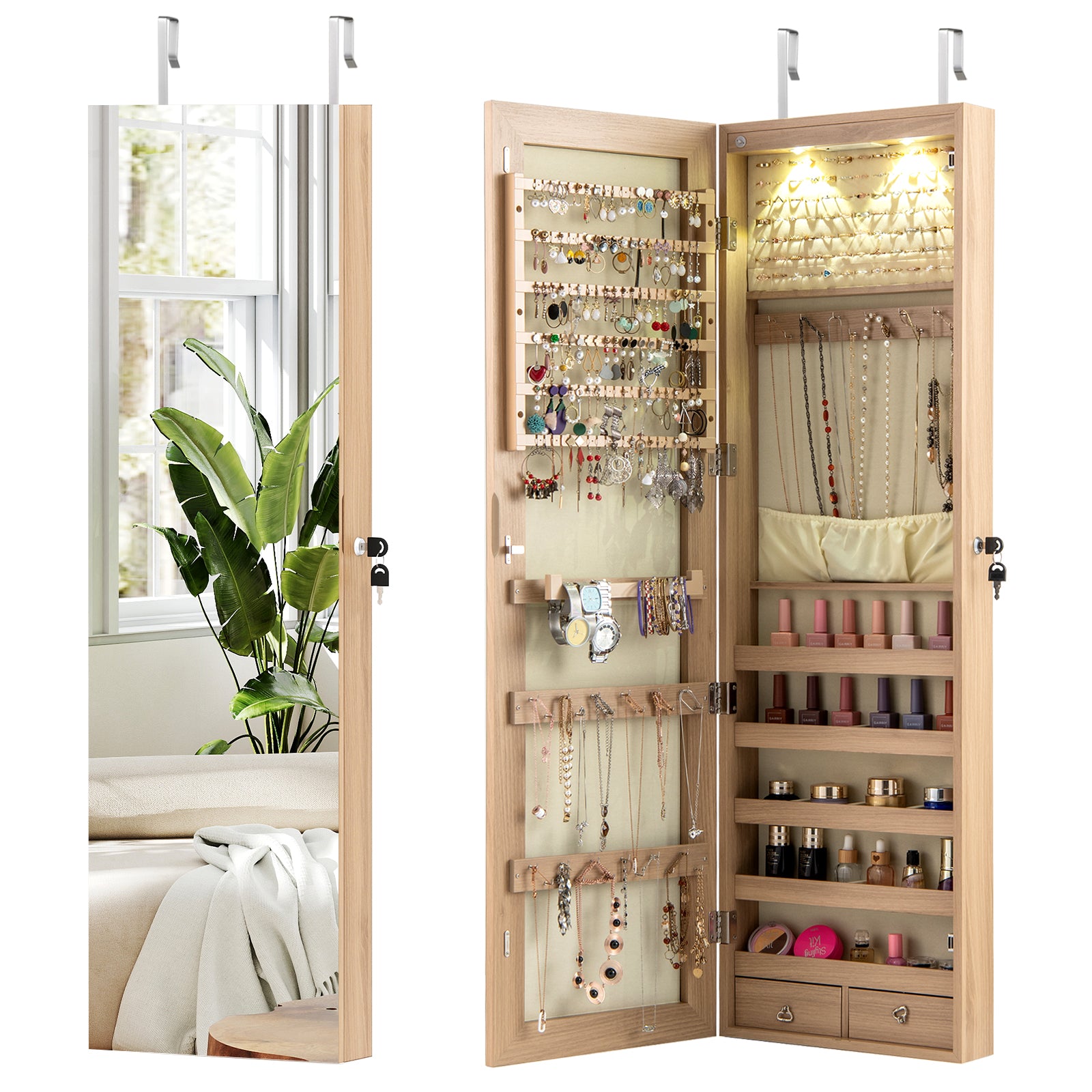 Wall Mounted Mirrored Jewelry Cabinet With Lights, Natural Jewelry Armoires at Gallery Canada