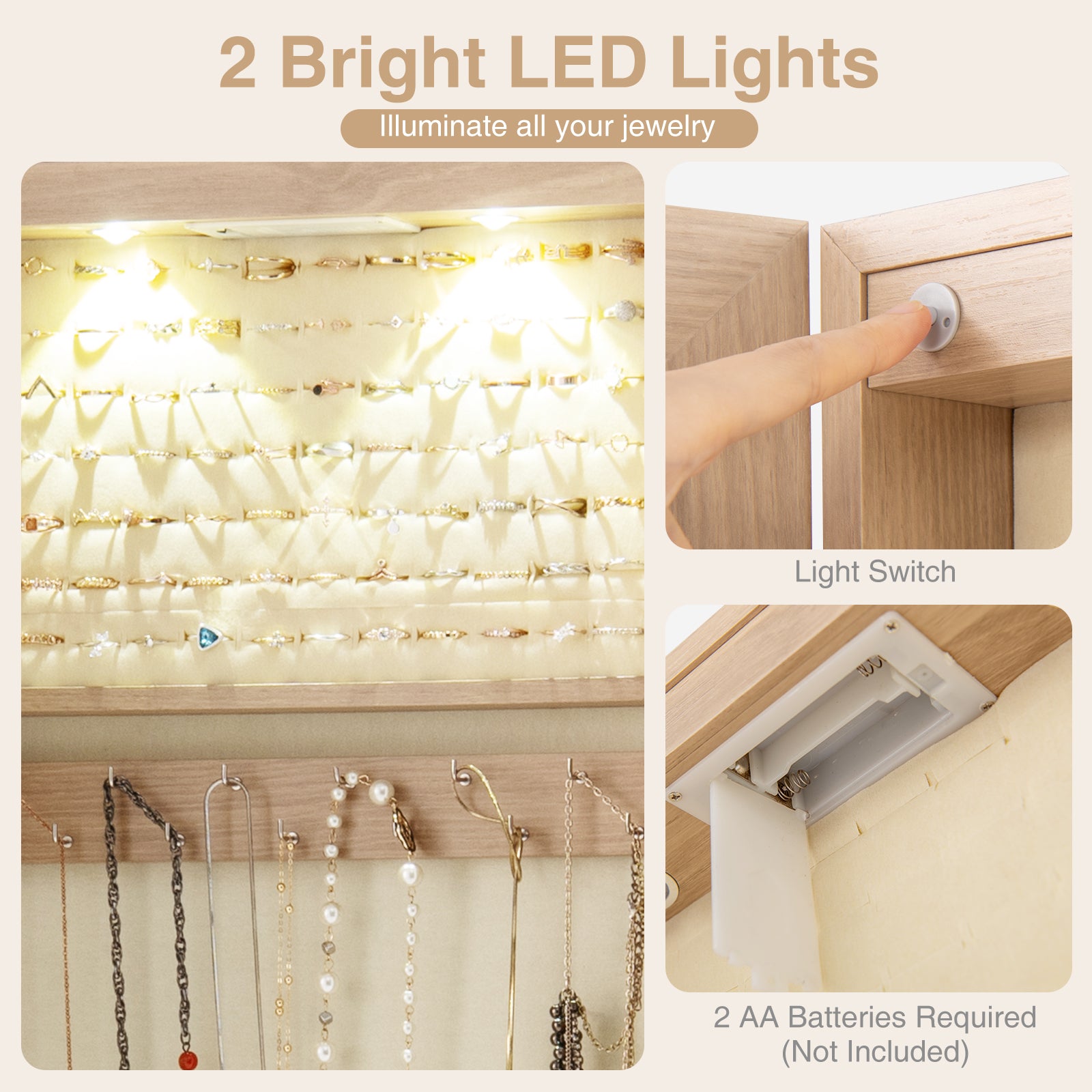Wall Mounted Mirrored Jewelry Cabinet With Lights, Natural Jewelry Armoires at Gallery Canada