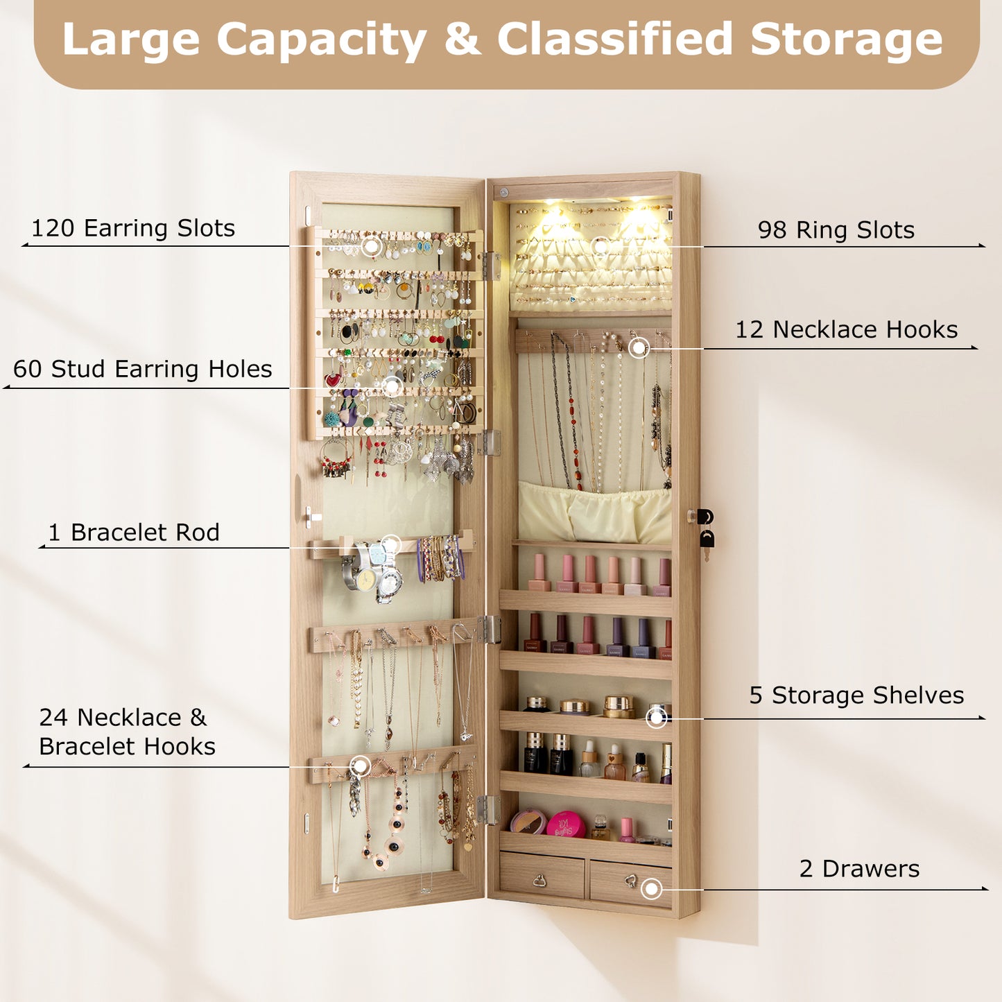 Wall Mounted Mirrored Jewelry Cabinet With Lights, Natural Jewelry Armoires at Gallery Canada