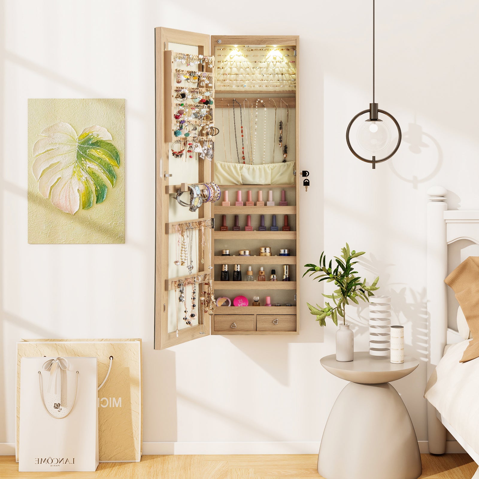 Wall Mounted Mirrored Jewelry Cabinet With Lights, Natural Jewelry Armoires at Gallery Canada
