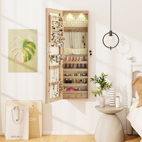Wall Mounted Mirrored Jewelry Cabinet With Lights, Natural