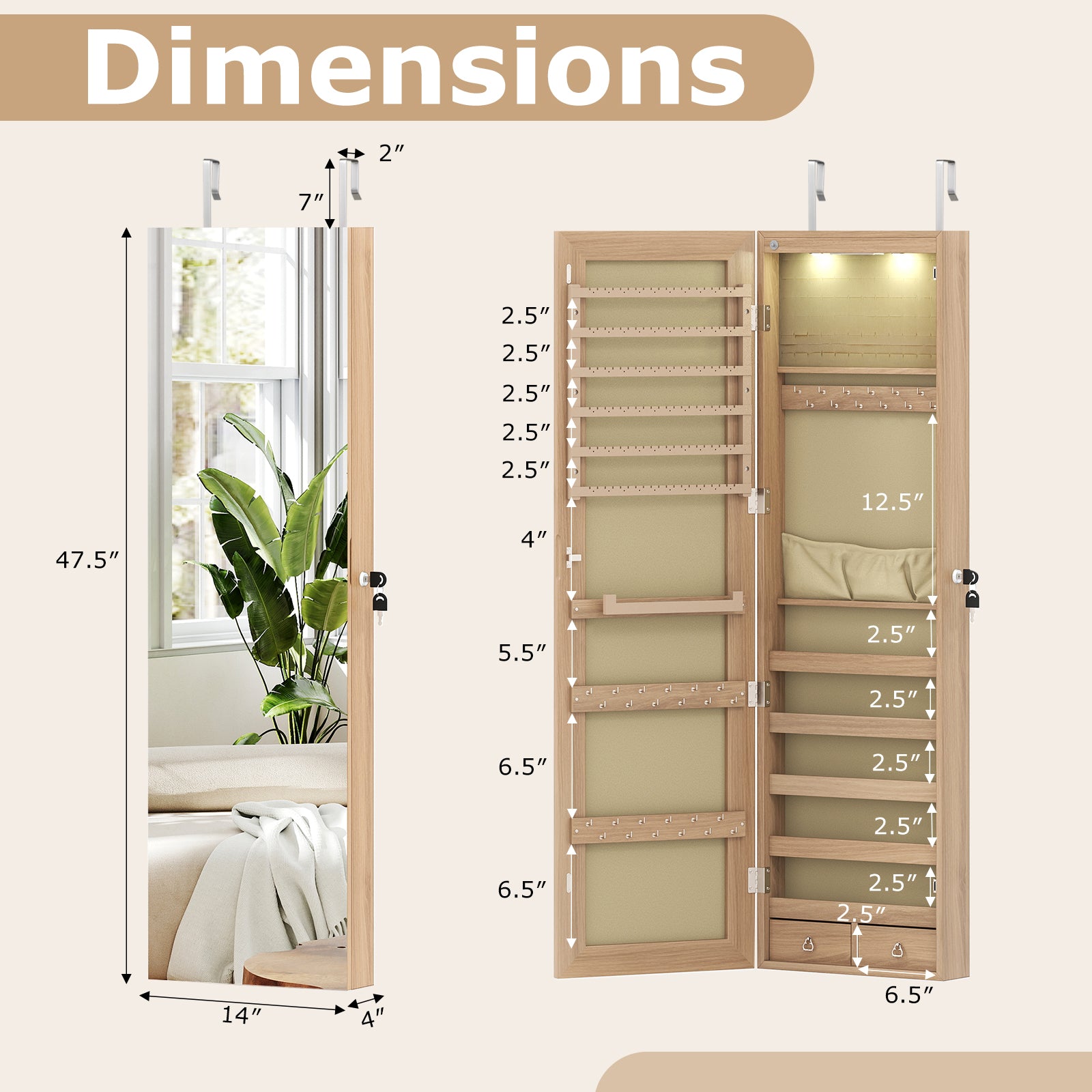Wall Mounted Mirrored Jewelry Cabinet With Lights, Natural Jewelry Armoires at Gallery Canada