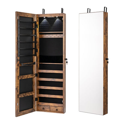 Wall and Door Mounted Mirrored Jewelry Cabinet with Lights, Rustic Brown Jewelry Armoires Rustic Brown at Gallery Canada