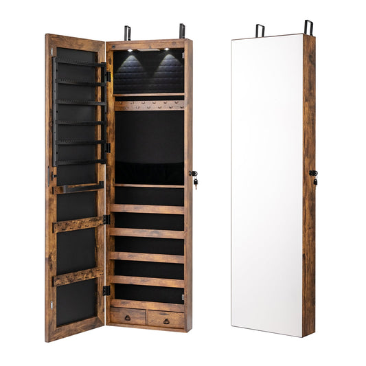 Wall and Door Mounted Mirrored Jewelry Cabinet with Lights, Rustic Brown