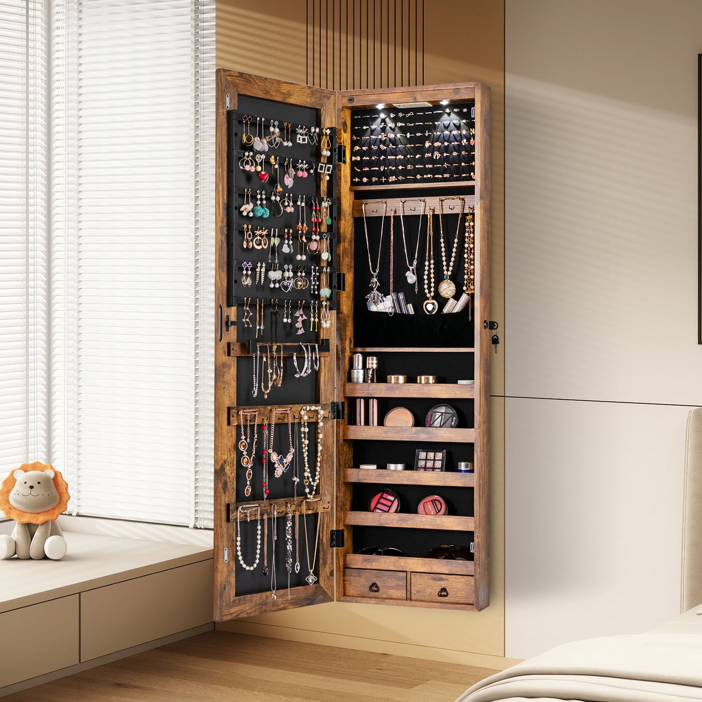 Wall and Door Mounted Mirrored Jewelry Cabinet with Lights, Rustic Brown Jewelry Armoires at Gallery Canada