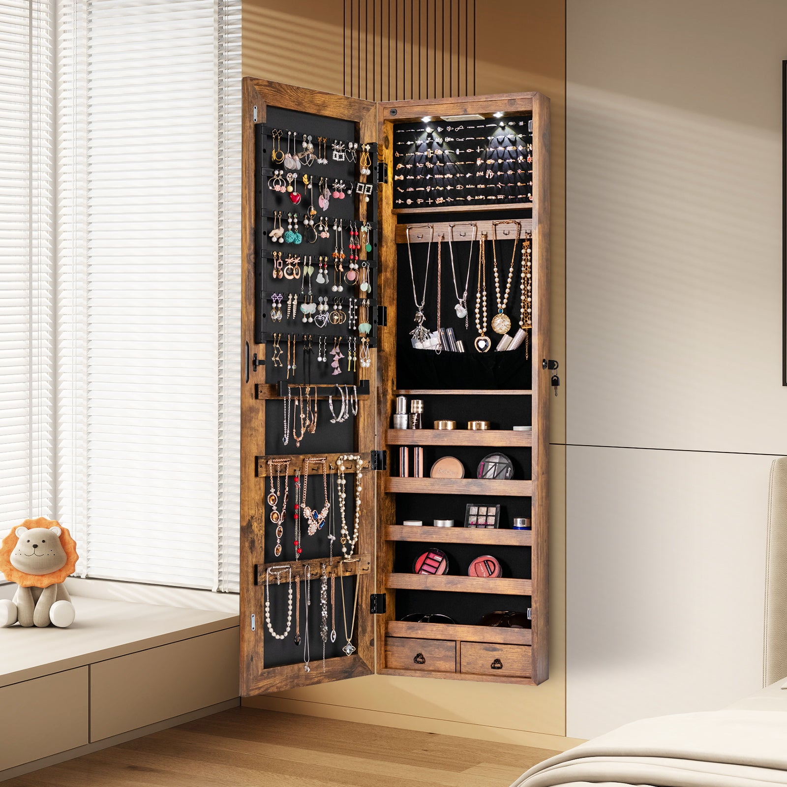 Wall and Door Mounted Mirrored Jewelry Cabinet with Lights, Rustic Brown Jewelry Armoires at Gallery Canada