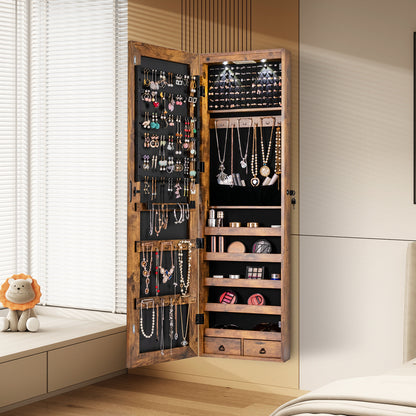 Wall and Door Mounted Mirrored Jewelry Cabinet with Lights, Rustic Brown Jewelry Armoires at Gallery Canada