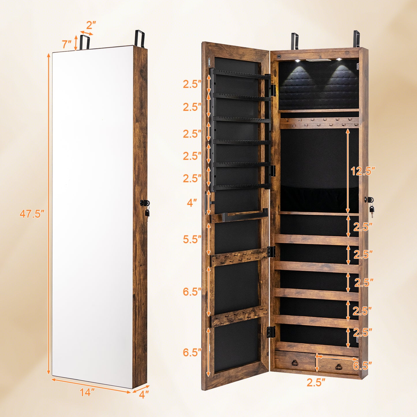 Wall and Door Mounted Mirrored Jewelry Cabinet with Lights, Rustic Brown Jewelry Armoires at Gallery Canada