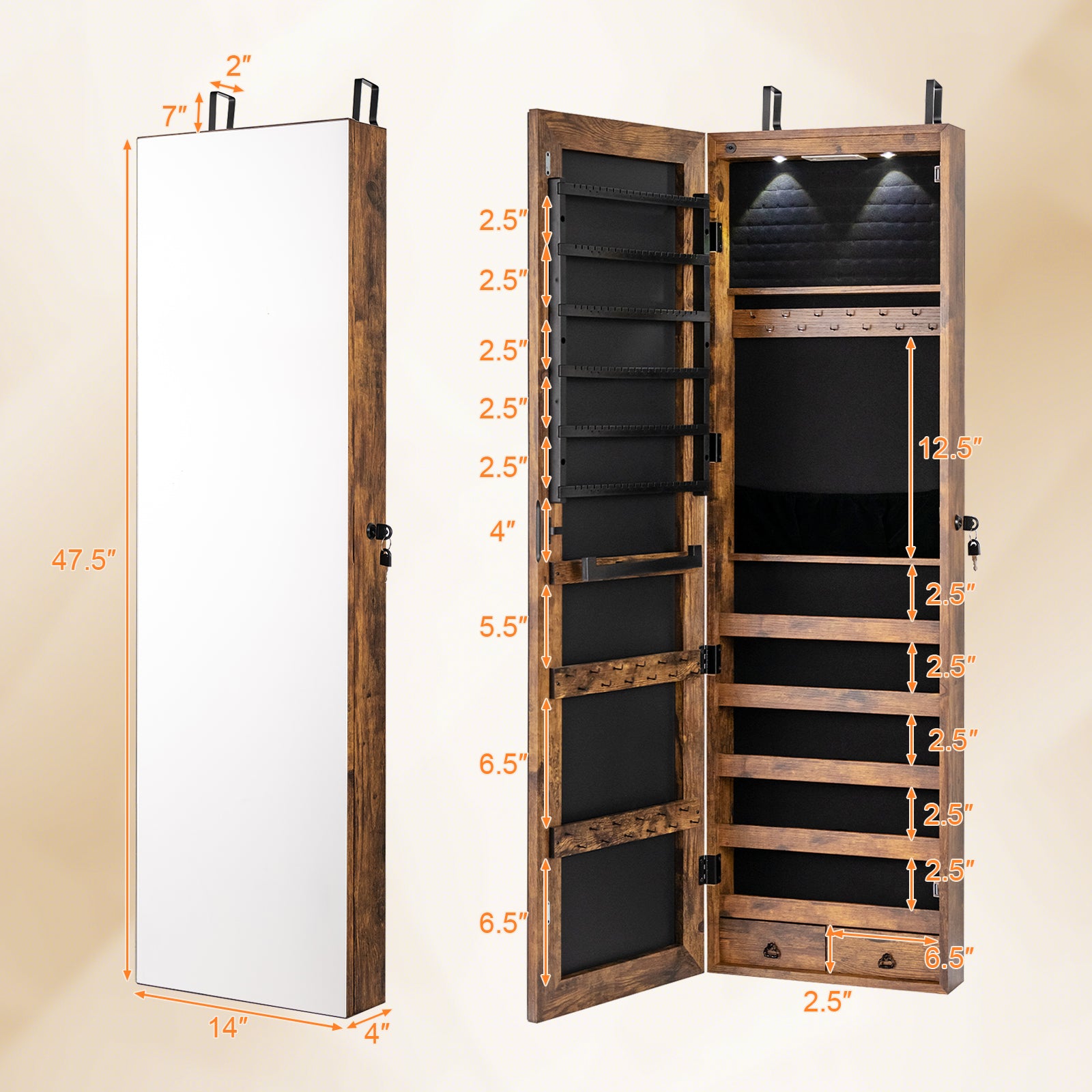 Wall and Door Mounted Mirrored Jewelry Cabinet with Lights, Rustic Brown Jewelry Armoires at Gallery Canada