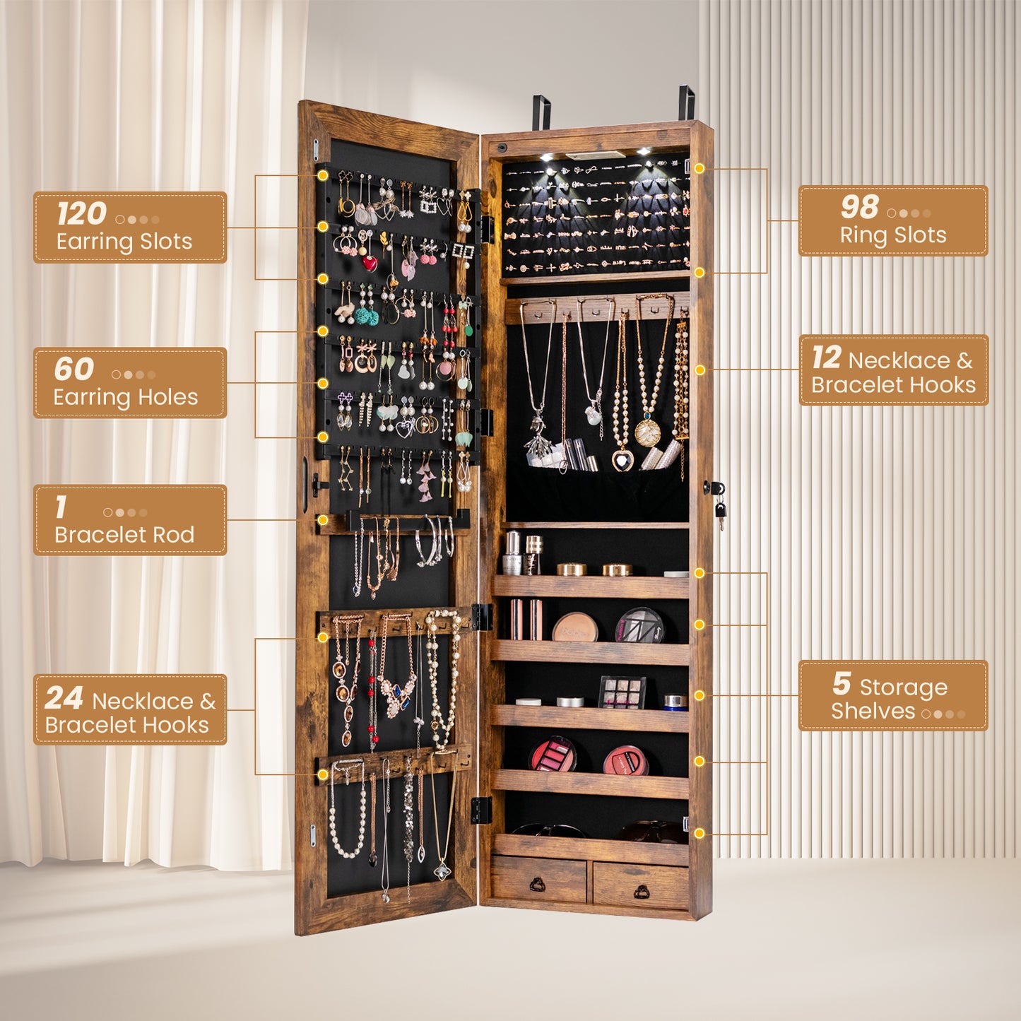 Wall and Door Mounted Mirrored Jewelry Cabinet with Lights, Rustic Brown Jewelry Armoires at Gallery Canada