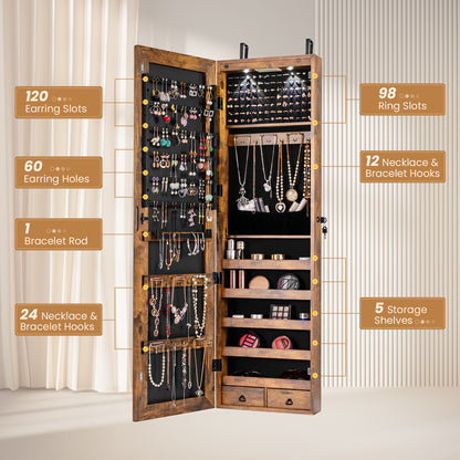 Wall and Door Mounted Mirrored Jewelry Cabinet with Lights, Rustic Brown Jewelry Armoires at Gallery Canada