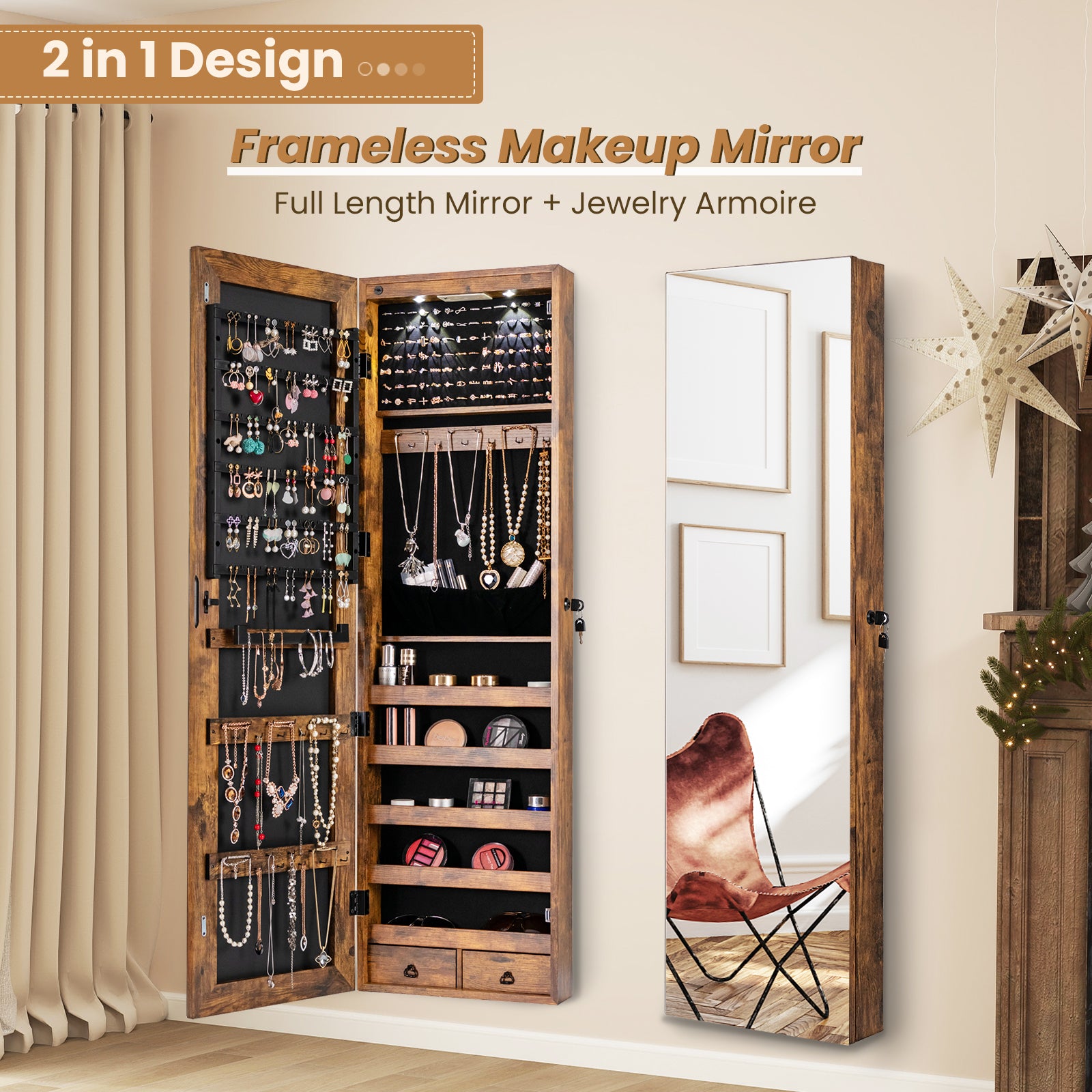 Wall and Door Mounted Mirrored Jewelry Cabinet with Lights, Rustic Brown Jewelry Armoires at Gallery Canada