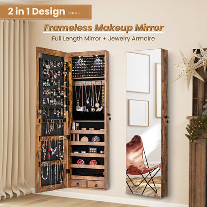 Wall and Door Mounted Mirrored Jewelry Cabinet with Lights, Rustic Brown Jewelry Armoires at Gallery Canada