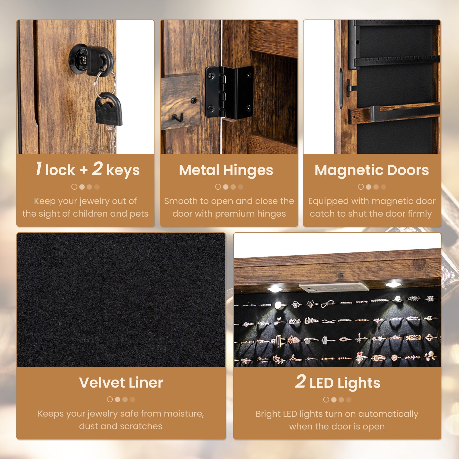 Wall and Door Mounted Mirrored Jewelry Cabinet with Lights, Rustic Brown Jewelry Armoires at Gallery Canada