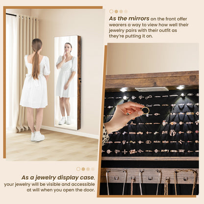 Wall and Door Mounted Mirrored Jewelry Cabinet with Lights, Rustic Brown Jewelry Armoires at Gallery Canada